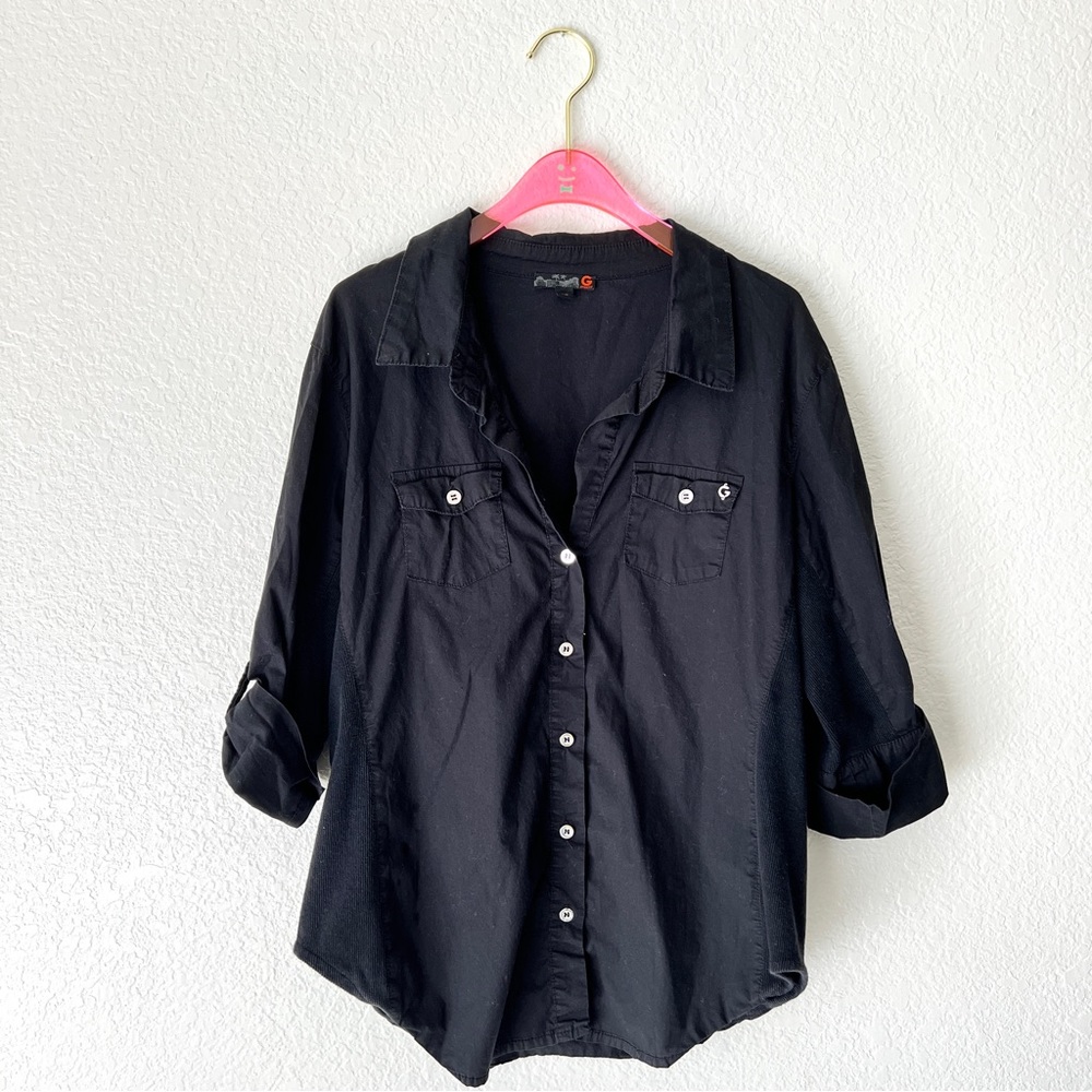 G by Guess Black Button Up Utility Long Sleeve Size Large